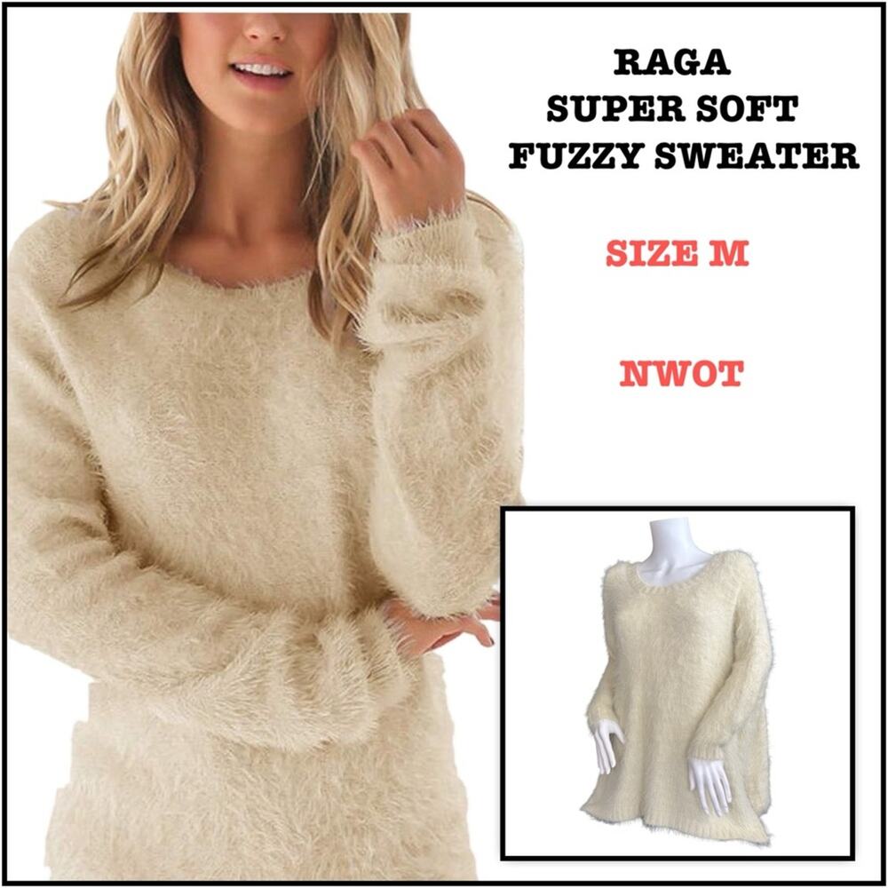 #T10 RAGA Super Soft Fuzzy Angora Like Cream sweater SZ M $149